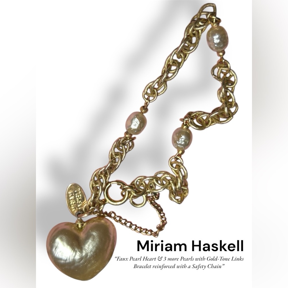 Rare Miriam Haskell Baroque Pearl & Heart Bracelet W/Russian Gilt Chain